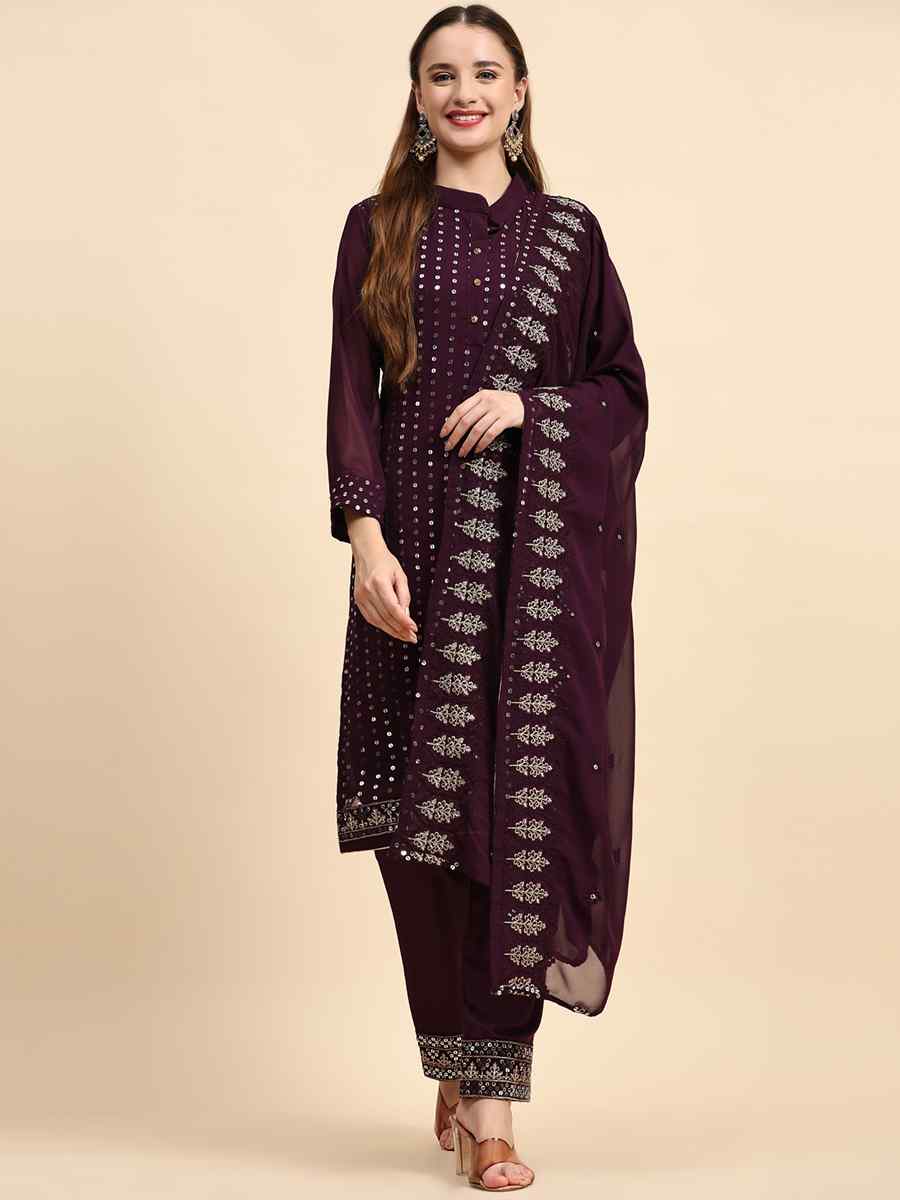 Purple Faux Georgette Embroidered Festival Casual Pant Salwar Kameez