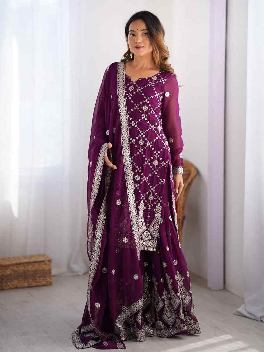 Purple Faux Georgette Embroidered Festival Casual Ready Sharara Pant Salwar Kameez