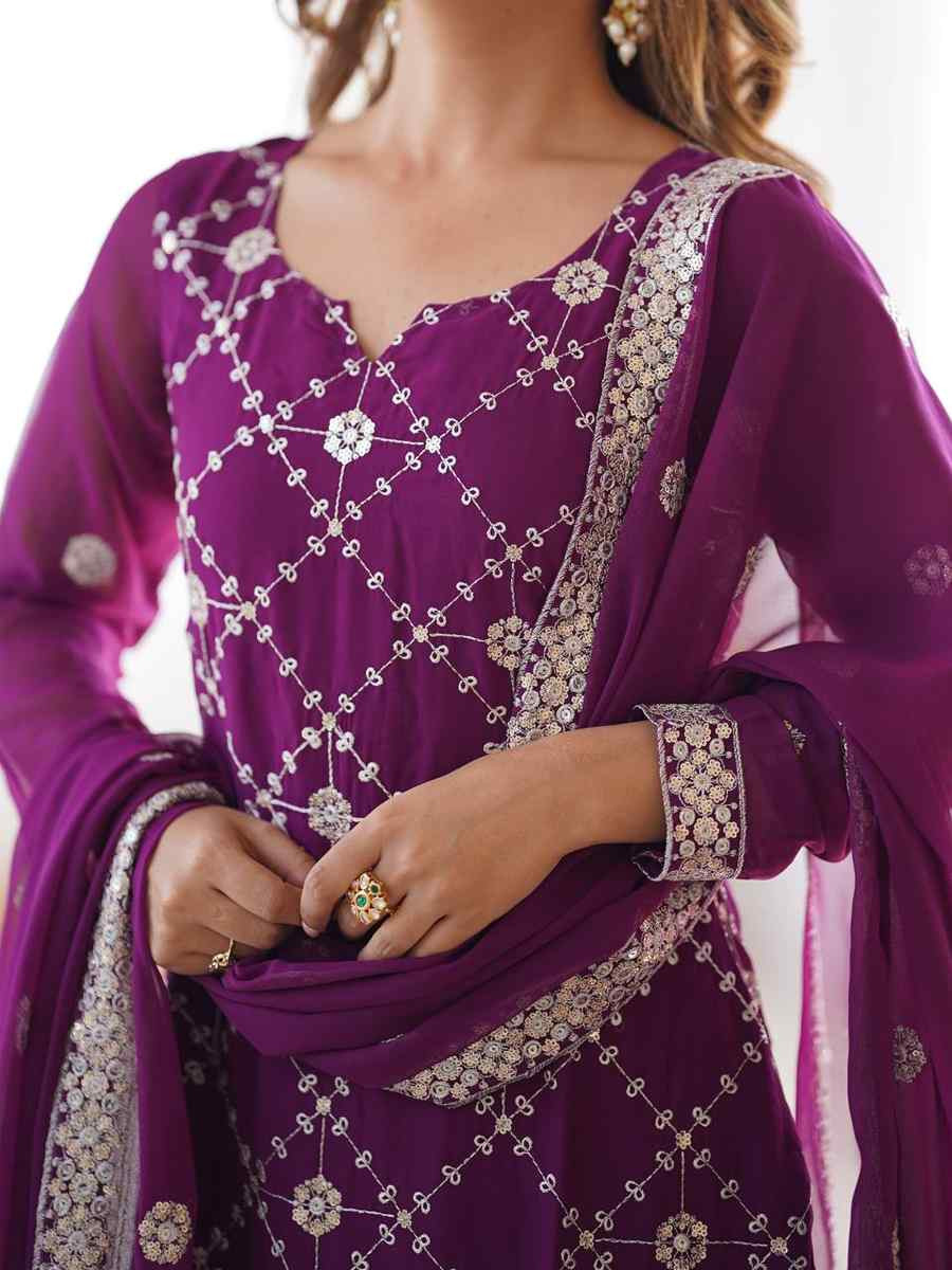 Purple Faux Georgette Embroidered Festival Casual Ready Sharara Pant Salwar Kameez