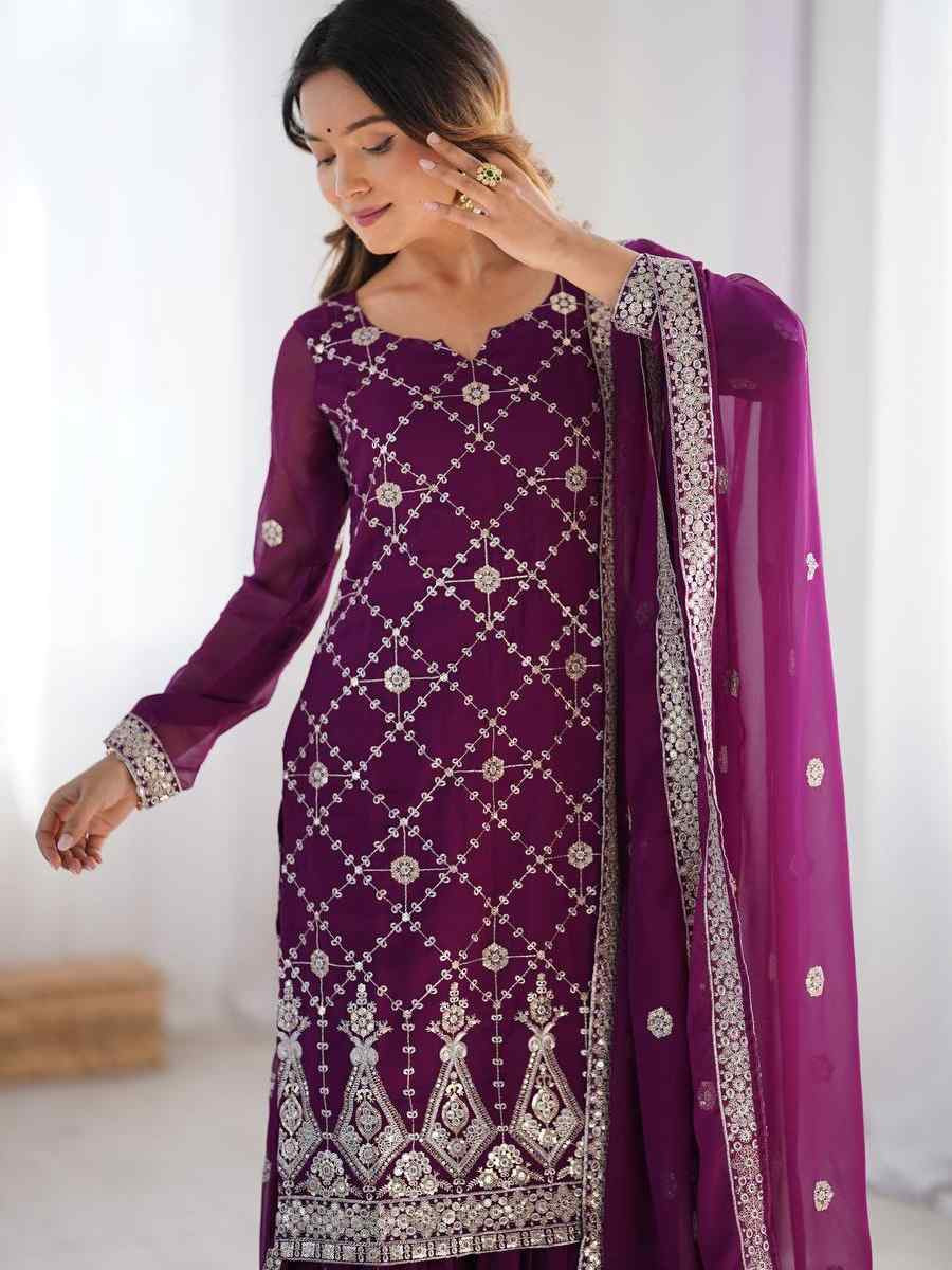Purple Faux Georgette Embroidered Festival Casual Ready Sharara Pant Salwar Kameez