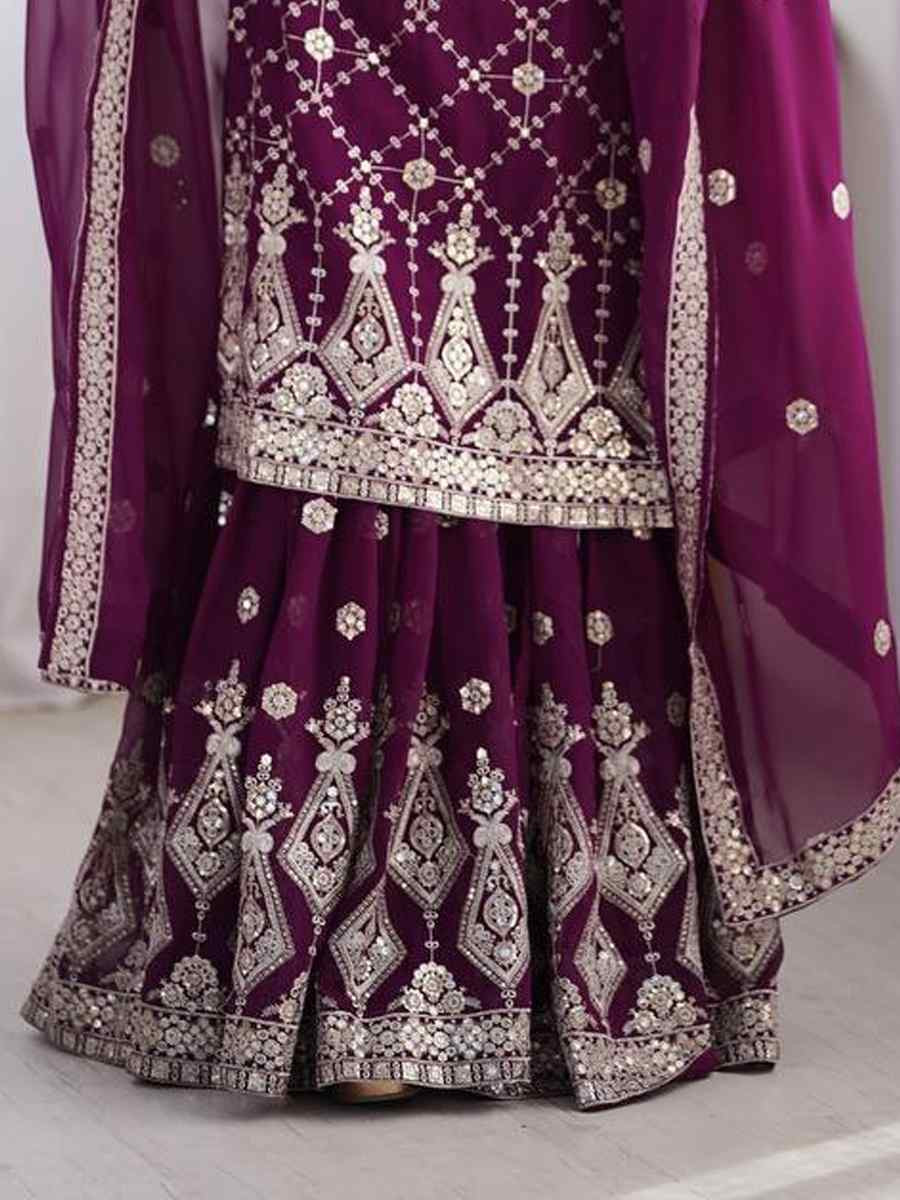 Purple Faux Georgette Embroidered Festival Casual Ready Sharara Pant Salwar Kameez