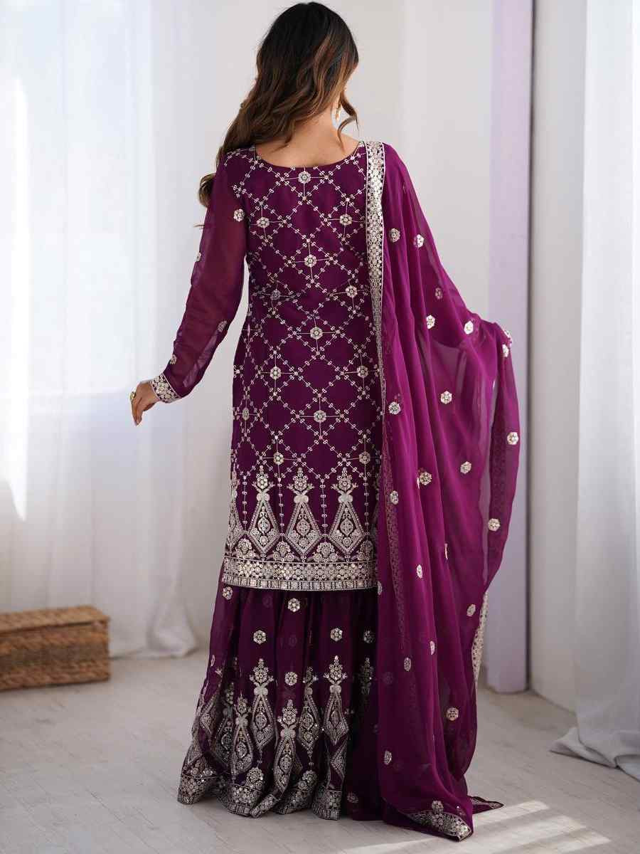 Purple Faux Georgette Embroidered Festival Casual Ready Sharara Pant Salwar Kameez