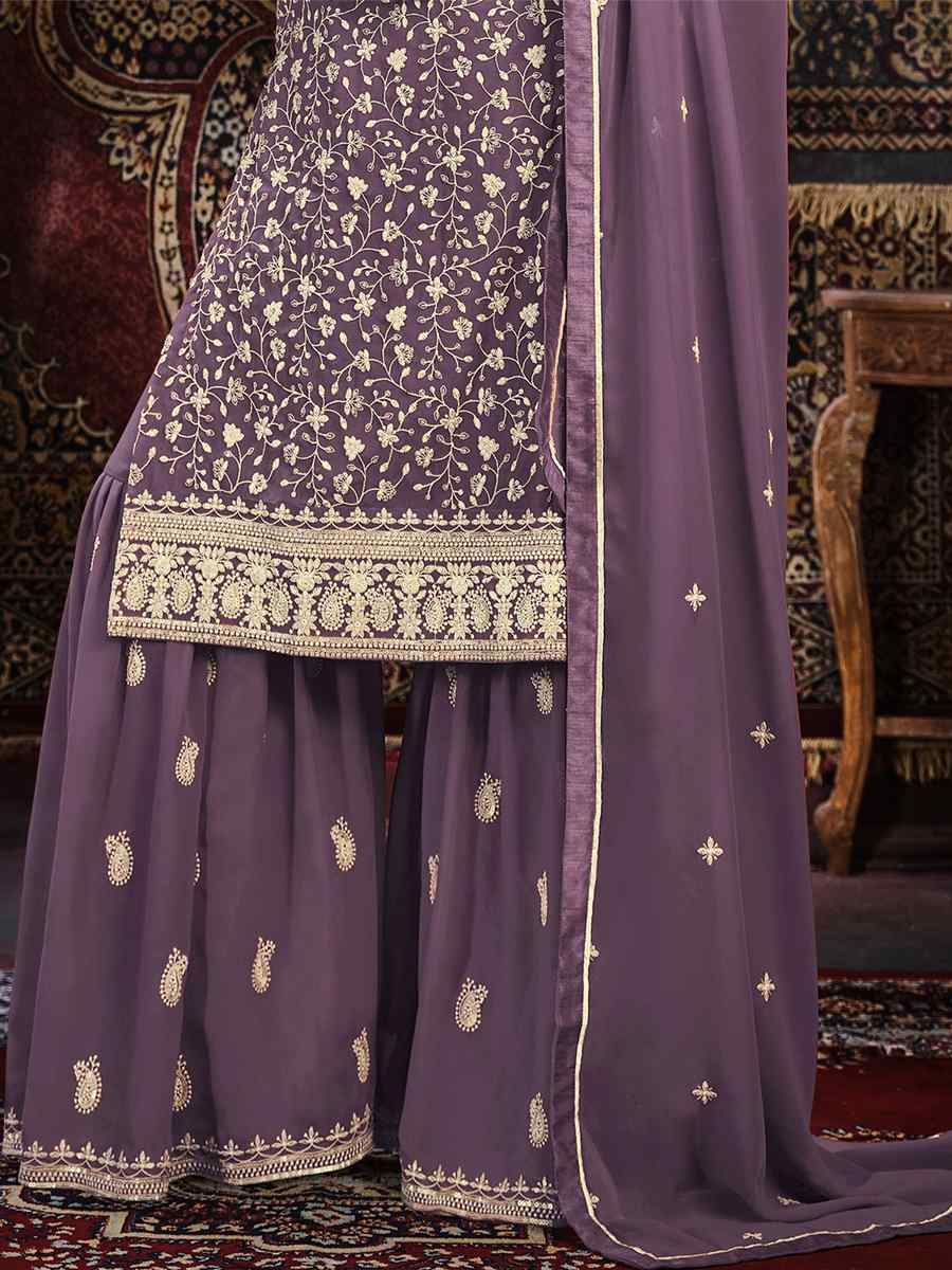 Purple Faux Georgette Embroidered Festival Mehendi Palazzo Pant Salwar Kameez