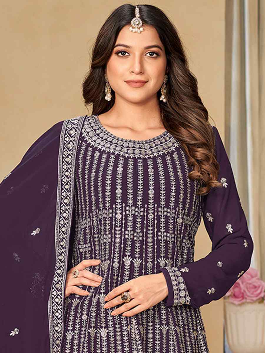 Purple Faux Georgette Embroidered Festival Mehendi Sharara Pant Salwar Kameez