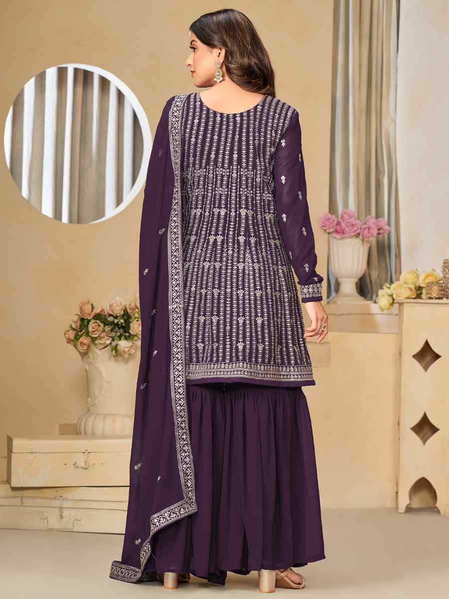 Purple Faux Georgette Embroidered Festival Mehendi Sharara Pant Salwar Kameez