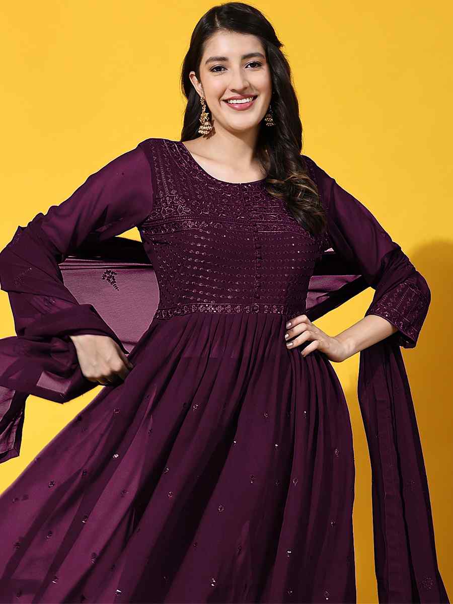 Purple Faux Georgette Embroidered Festival Party Palazzo Pant Salwar Kameez