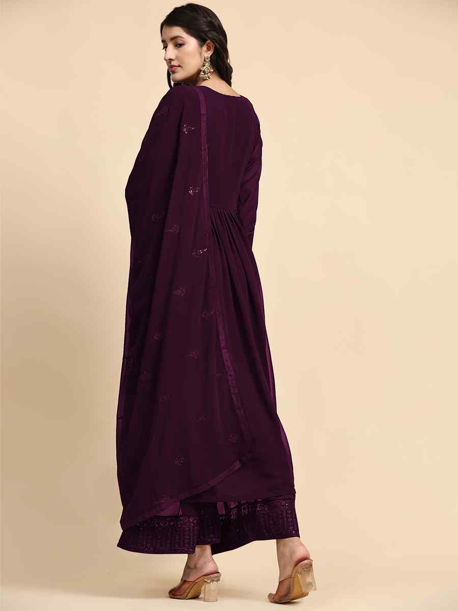 Purple Faux Georgette Embroidered Festival Party Palazzo Pant Salwar Kameez