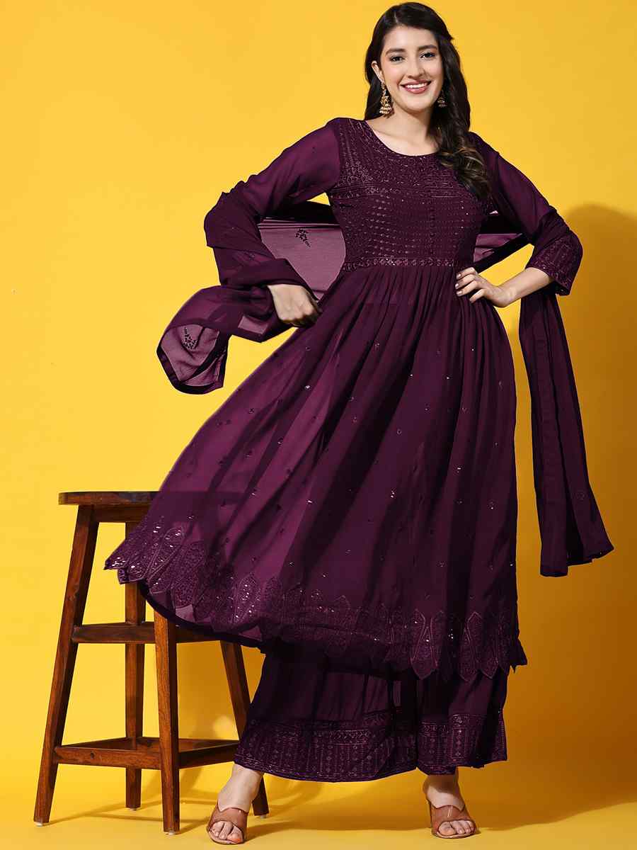 Purple Faux Georgette Embroidered Festival Party Palazzo Pant Salwar Kameez