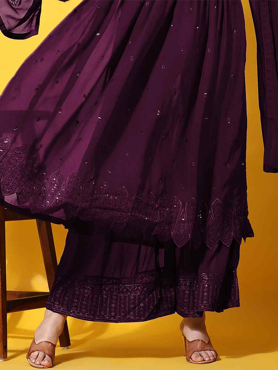 Purple Faux Georgette Embroidered Festival Party Palazzo Pant Salwar Kameez