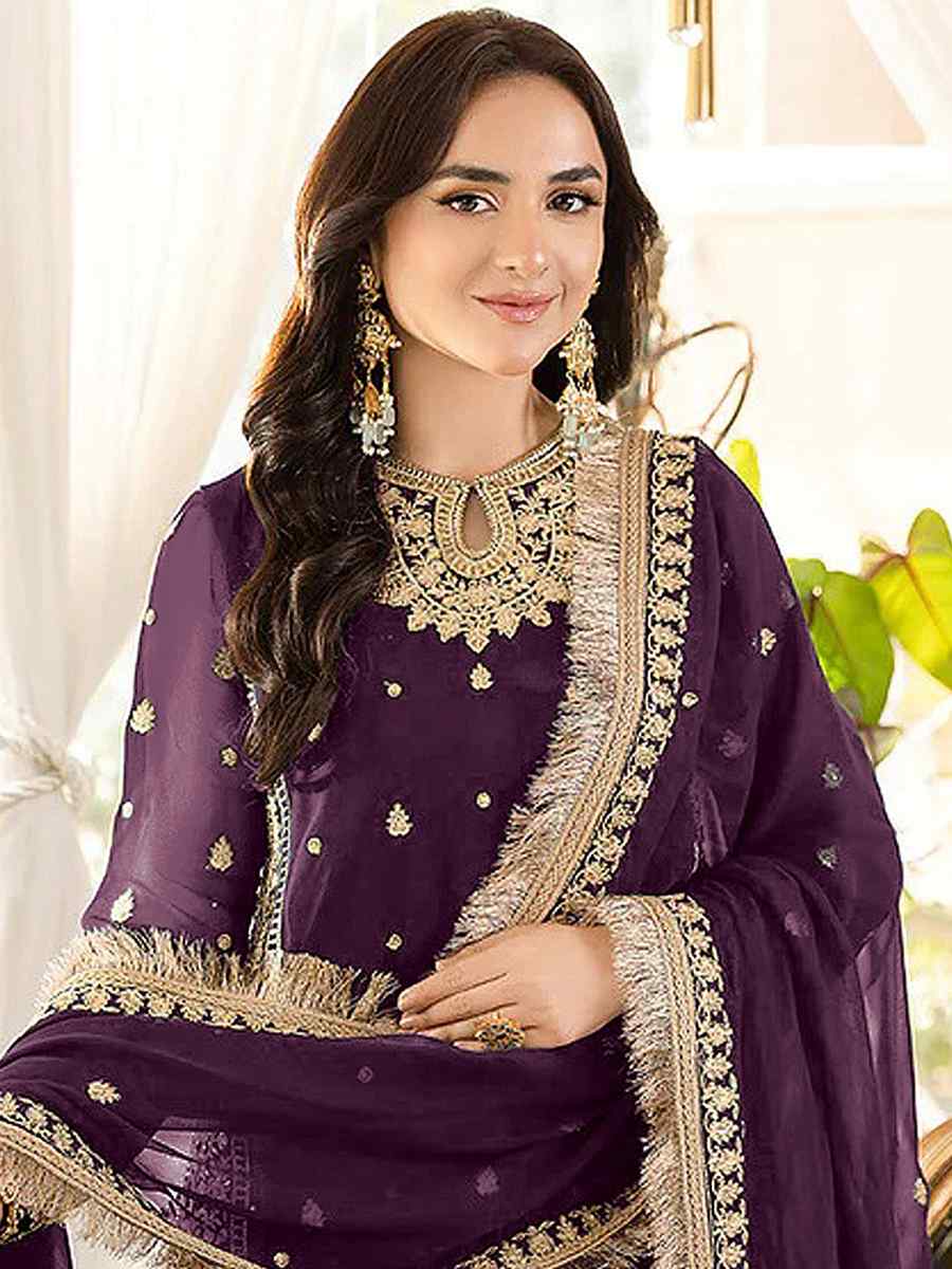 Purple Faux Georgette Embroidered Festival Party Pant Salwar Kameez