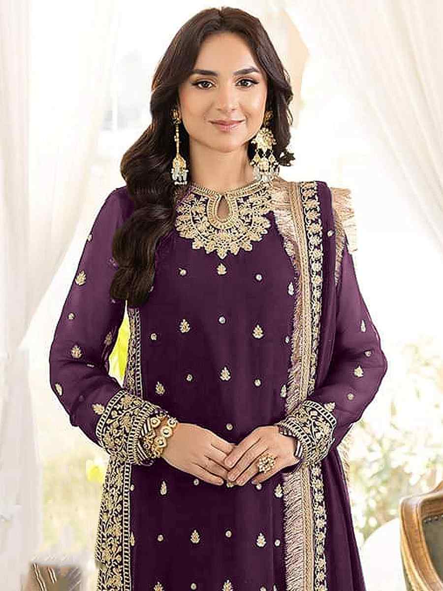 Purple Faux Georgette Embroidered Festival Party Pant Salwar Kameez