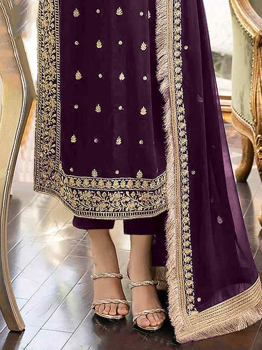 Purple Faux Georgette Embroidered Festival Party Pant Salwar Kameez