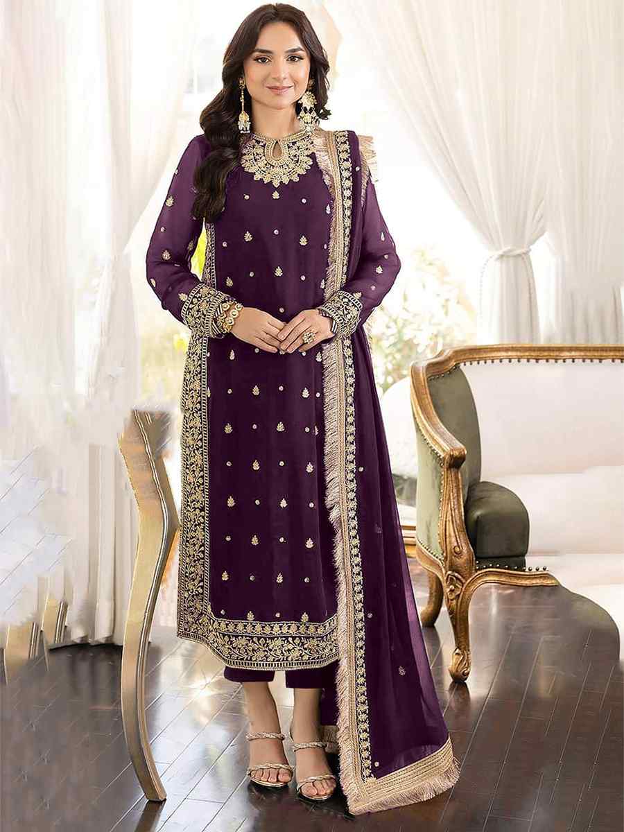 Purple Faux Georgette Embroidered Festival Party Pant Salwar Kameez