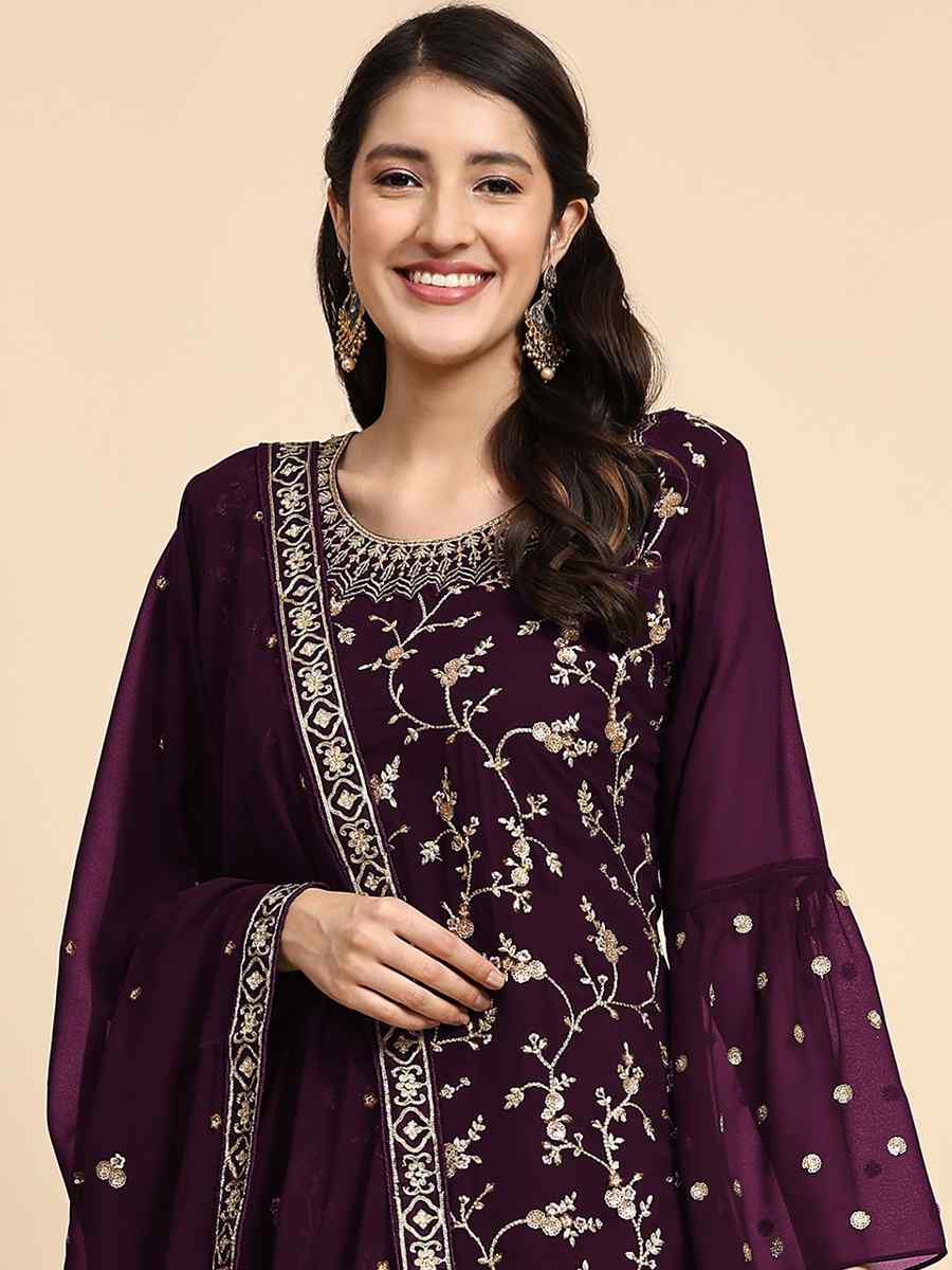 Purple Faux Georgette Embroidered Festival Party Sharara Pant Salwar Kameez