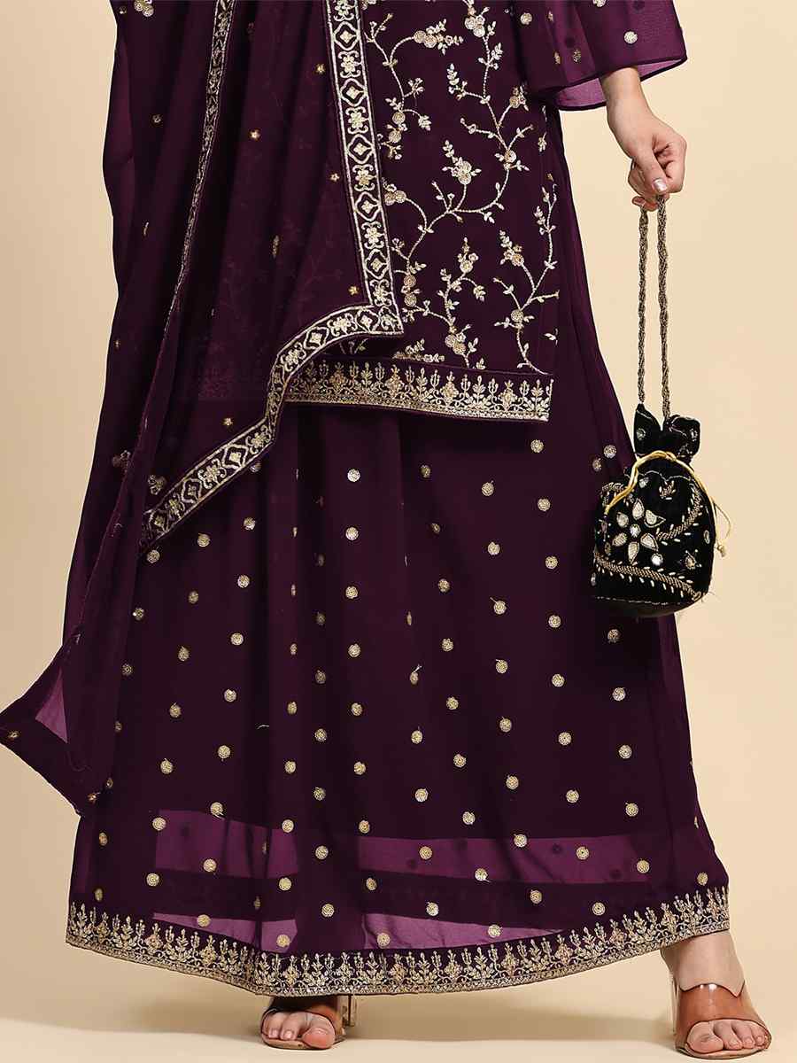 Purple Faux Georgette Embroidered Festival Party Sharara Pant Salwar Kameez