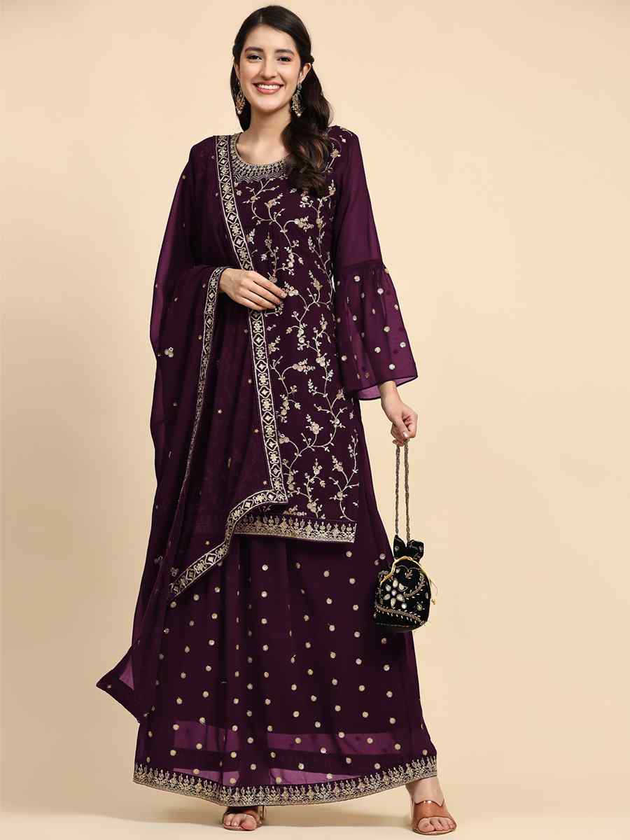 Purple Faux Georgette Embroidered Festival Party Sharara Pant Salwar Kameez