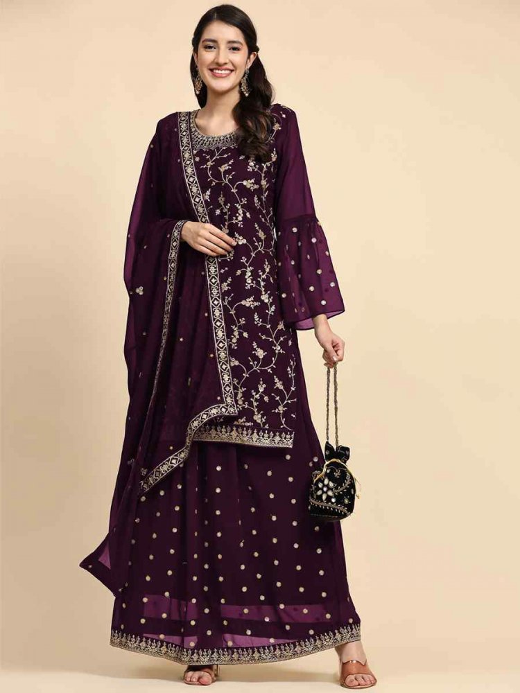 Purple Faux Georgette Embroidered Festival Party Sharara Pant Salwar Kameez