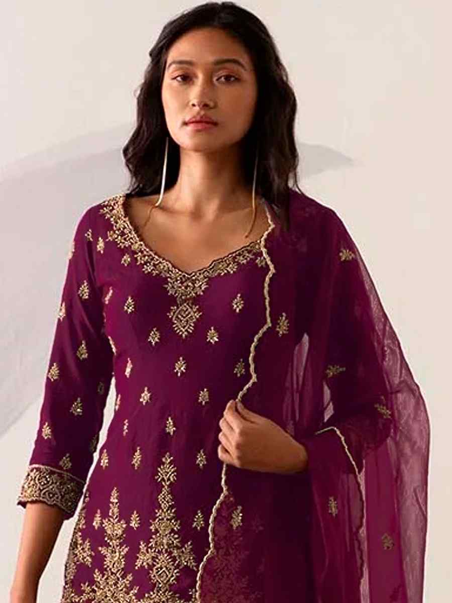 Purple Faux Georgette Embroidered Festival Sharara Pant Salwar Kameez