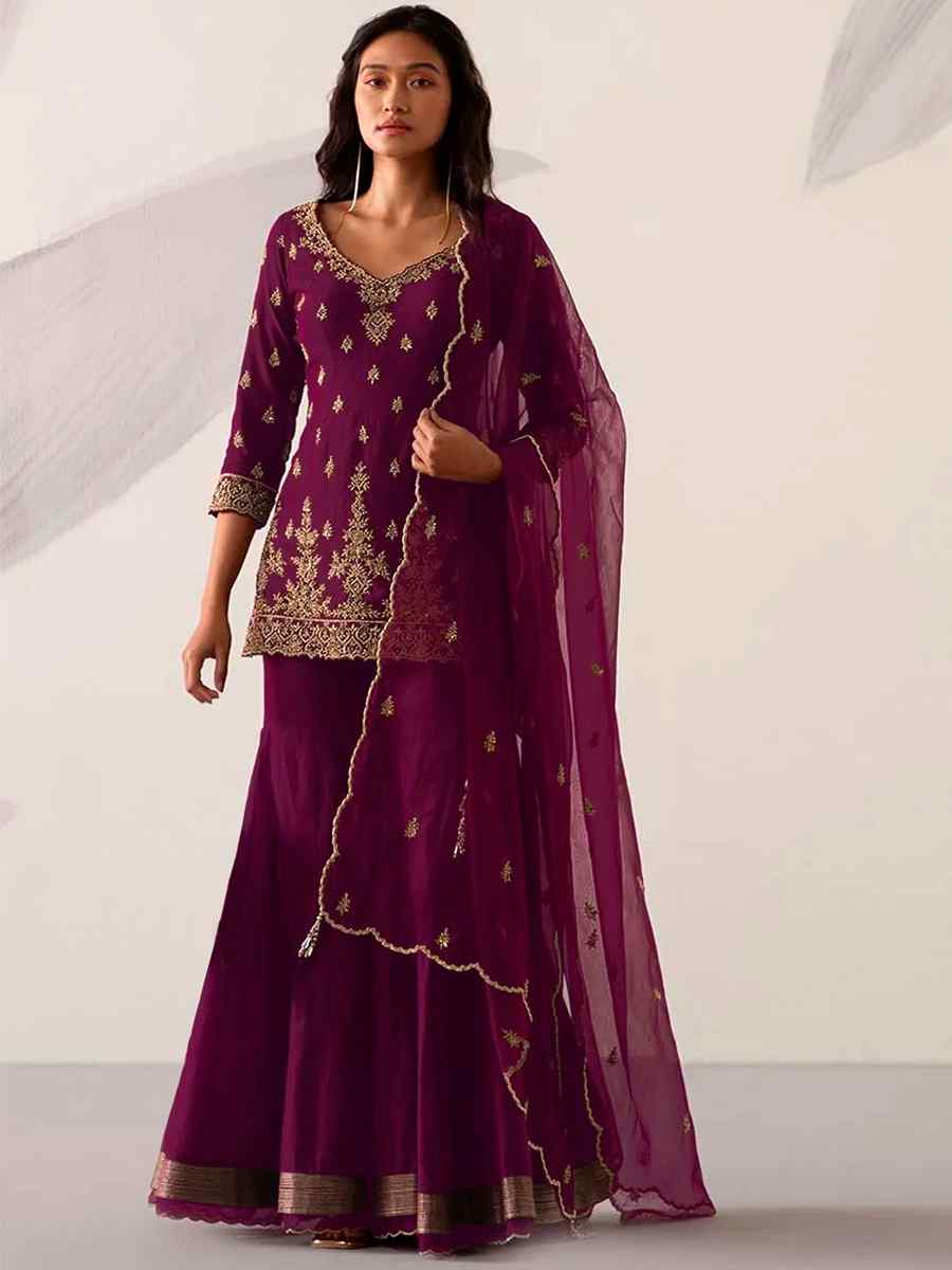 Purple Faux Georgette Embroidered Festival Sharara Pant Salwar Kameez