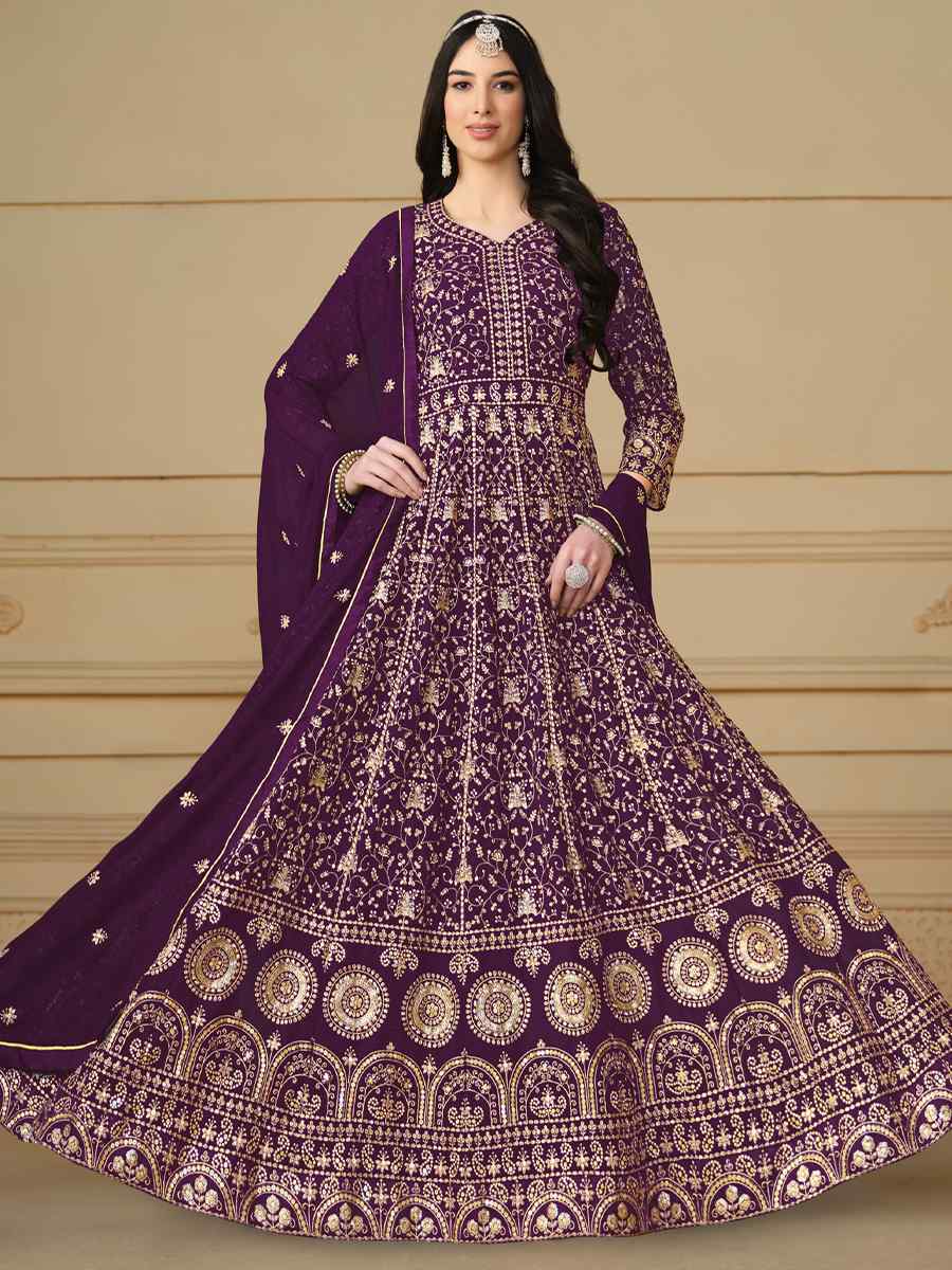 Purple Faux Georgette Embroidered Festival Wedding Anarkali Salwar Kameez