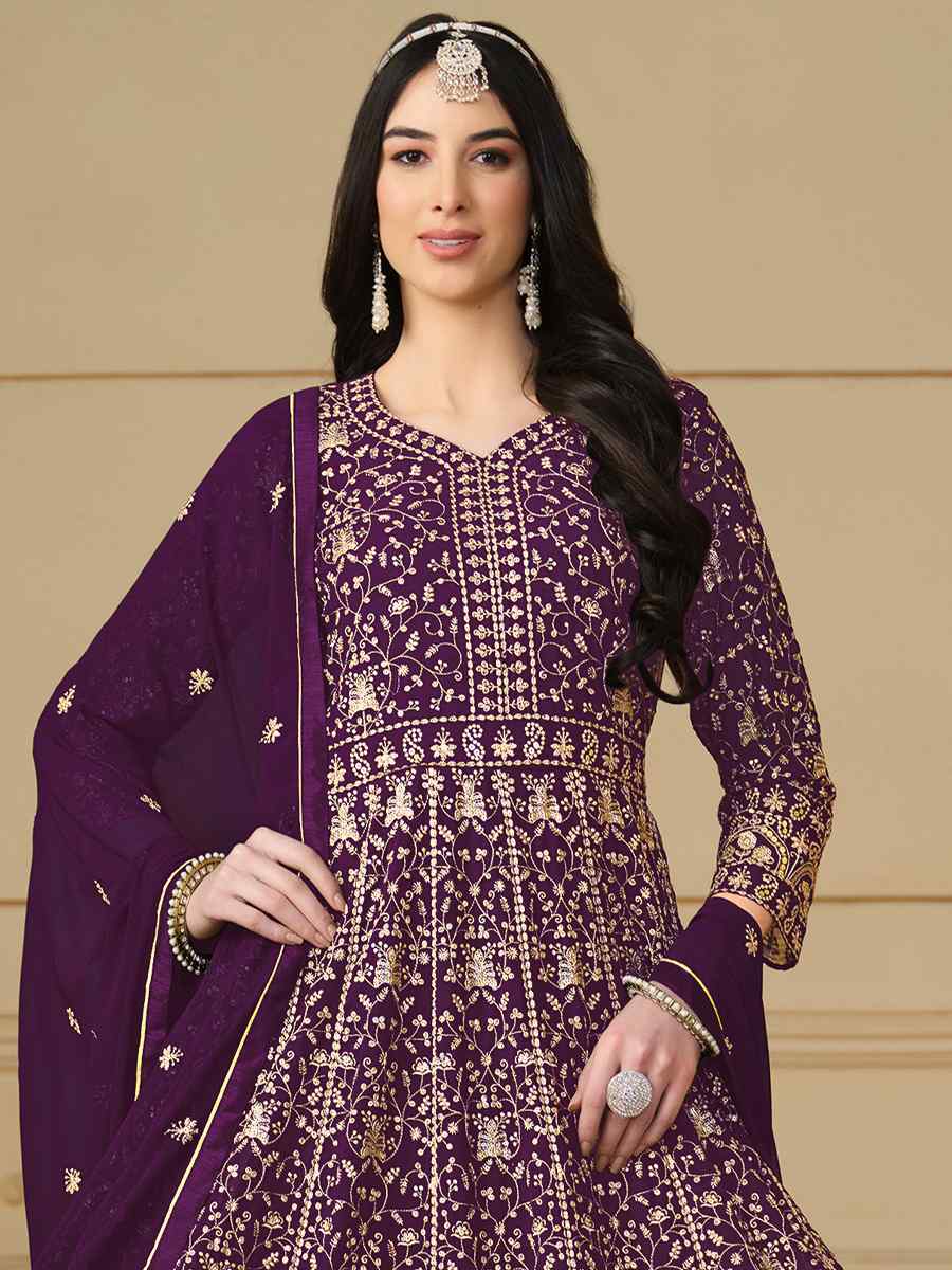 Purple Faux Georgette Embroidered Festival Wedding Anarkali Salwar Kameez