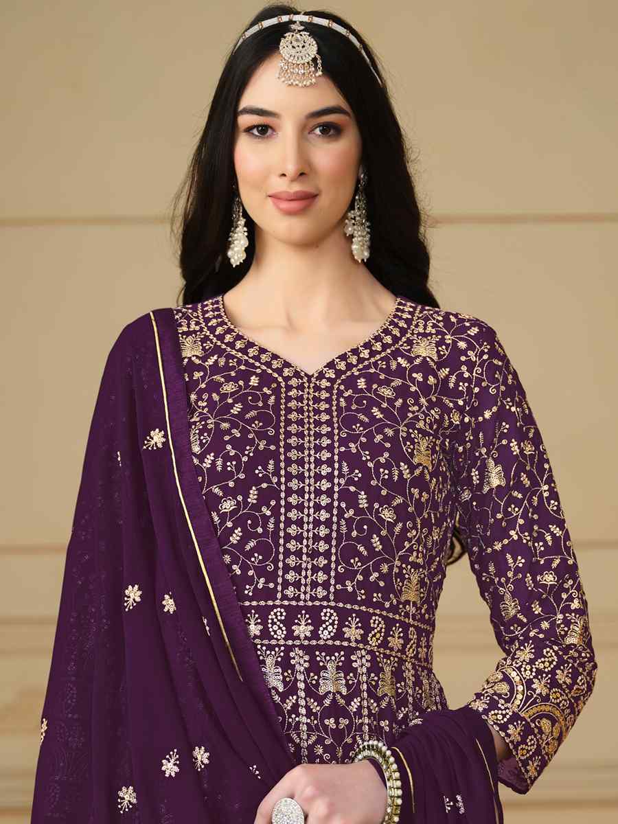 Purple Faux Georgette Embroidered Festival Wedding Anarkali Salwar Kameez