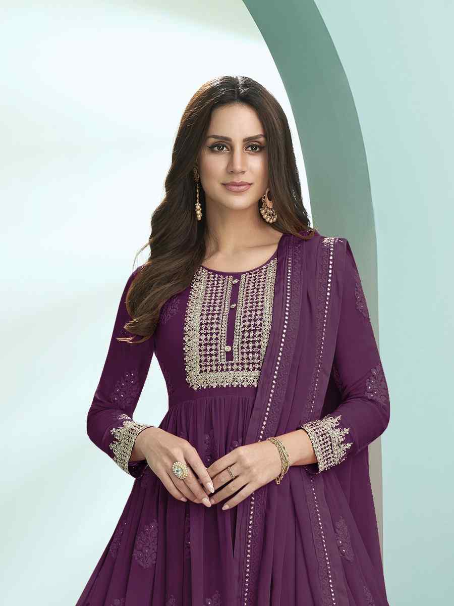 Purple Faux Georgette Embroidered Festival Wedding Anarkali Salwar Kameez