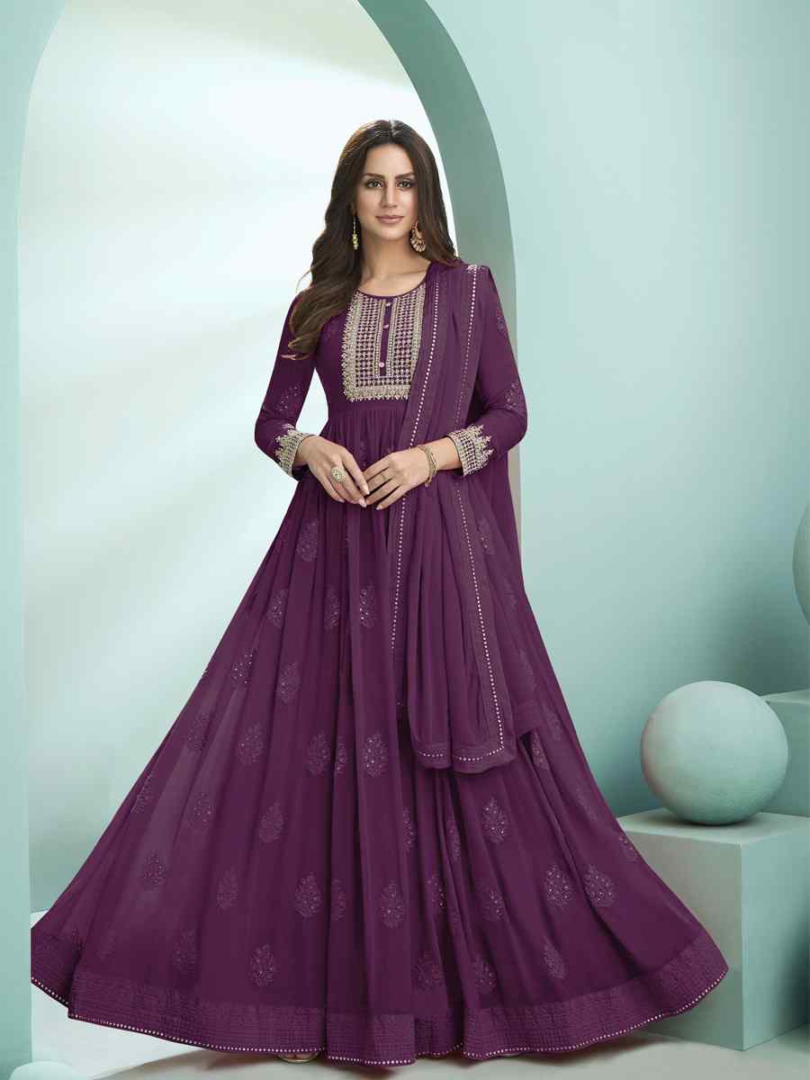 Purple Faux Georgette Embroidered Festival Wedding Anarkali Salwar Kameez