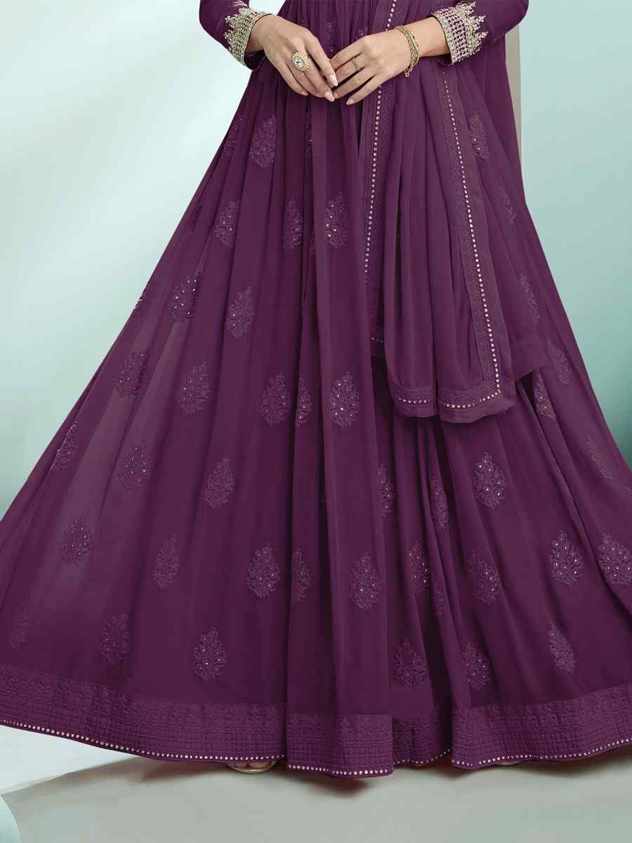Purple Faux Georgette Embroidered Festival Wedding Anarkali Salwar Kameez