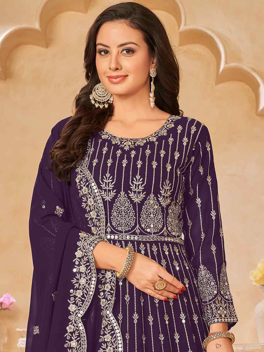 Purple Faux Georgette Embroidered Festival Wedding Anarkali Salwar Kameez