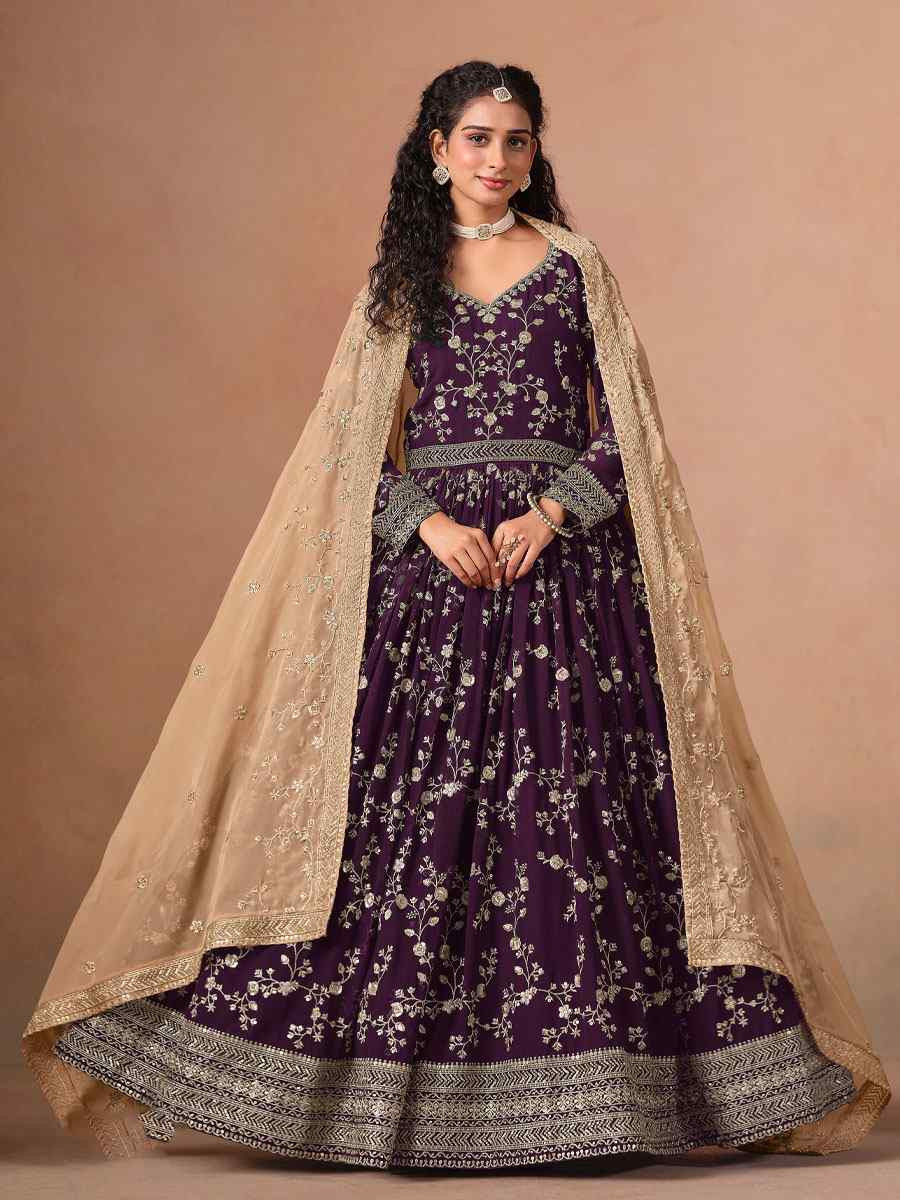 Purple Faux Georgette Embroidered Festival Wedding Anarkali Salwar Kameez