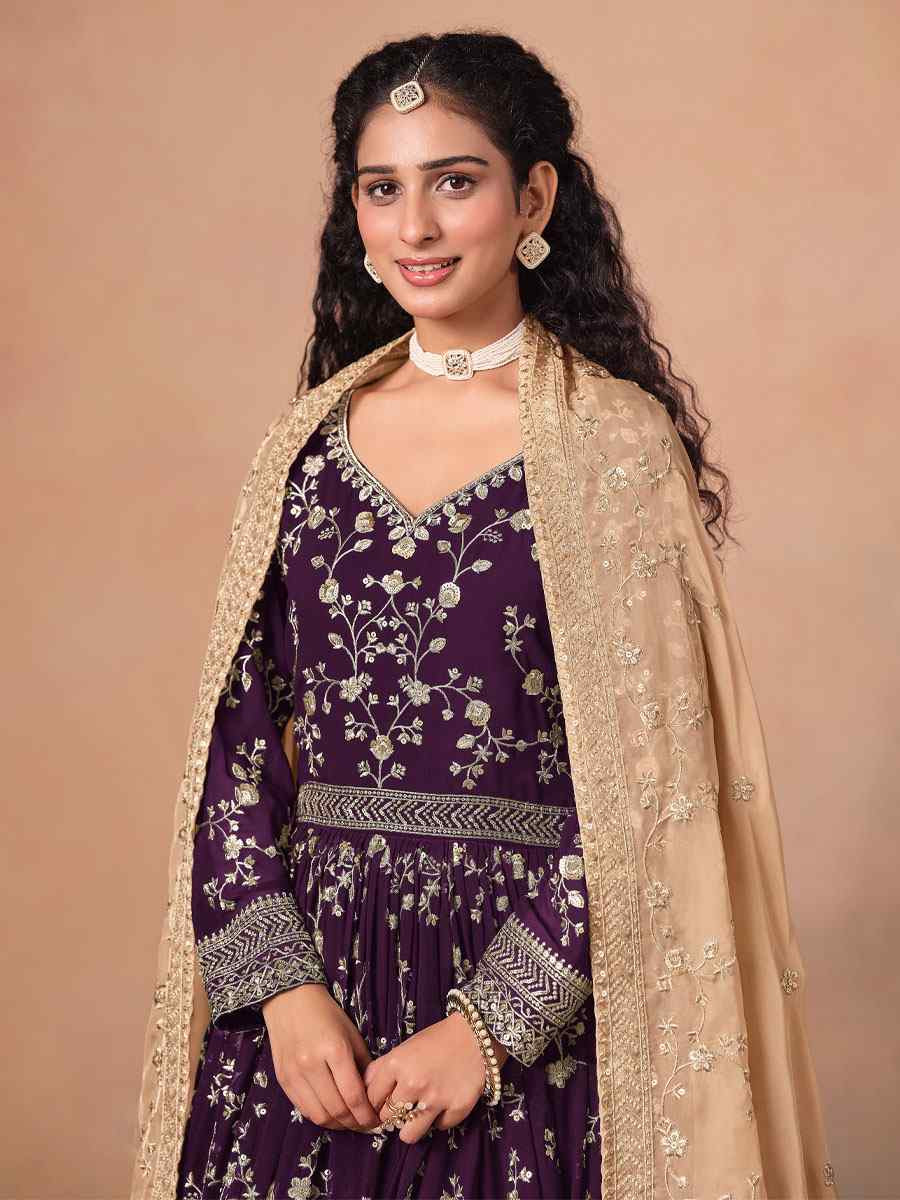 Purple Faux Georgette Embroidered Festival Wedding Anarkali Salwar Kameez