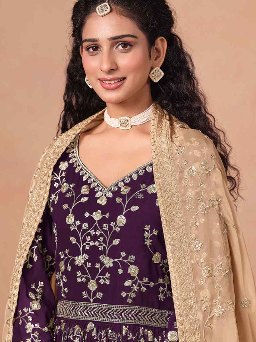 Purple Faux Georgette Embroidered Festival Wedding Anarkali Salwar Kameez