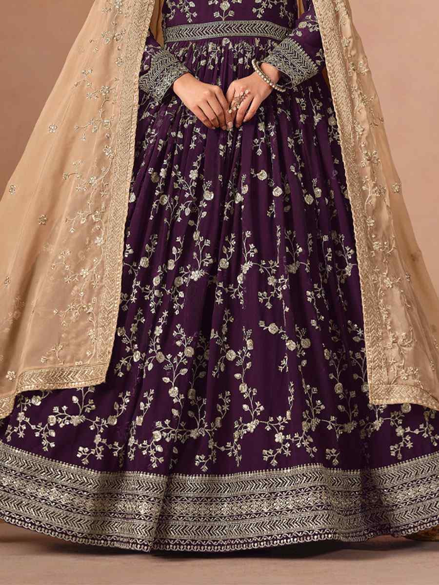 Purple Faux Georgette Embroidered Festival Wedding Anarkali Salwar Kameez
