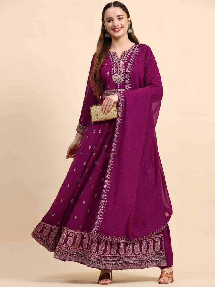 Purple Faux Georgette Embroidered Festival Wedding Anarkali Salwar Kameez