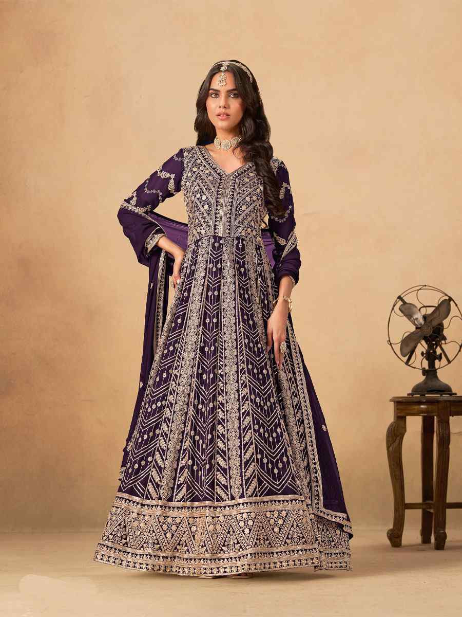 Purple Faux Georgette Embroidered Festival Wedding Lawn Salwar Kameez