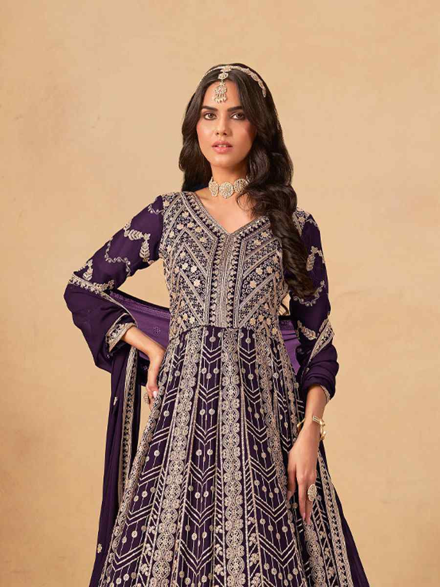 Purple Faux Georgette Embroidered Festival Wedding Lawn Salwar Kameez
