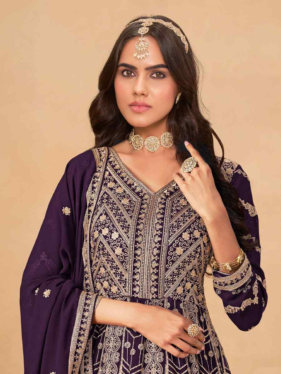 Purple Faux Georgette Embroidered Festival Wedding Lawn Salwar Kameez