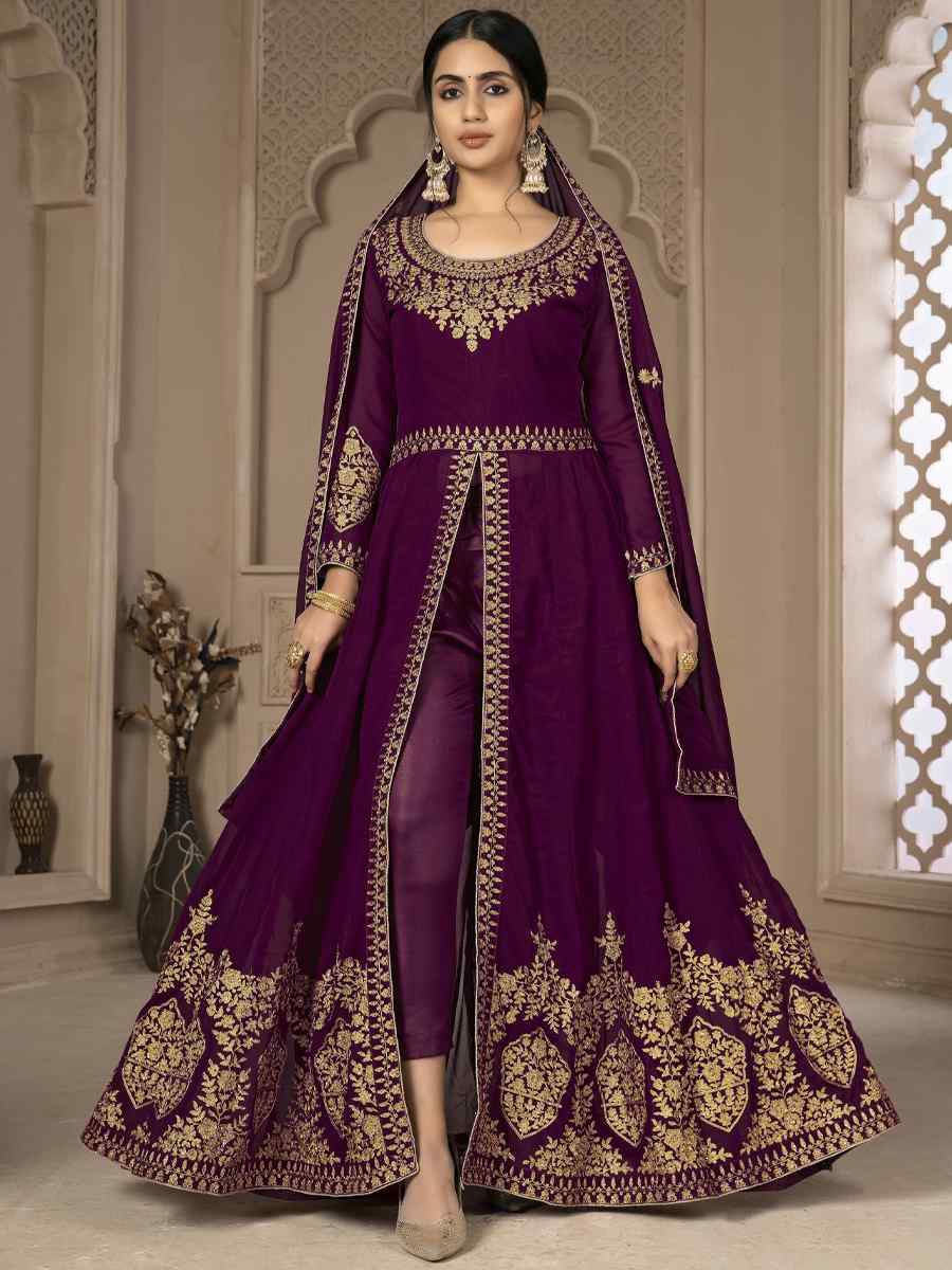 Purple Faux Georgette Embroidered Festival Wedding Lawn Salwar Kameez