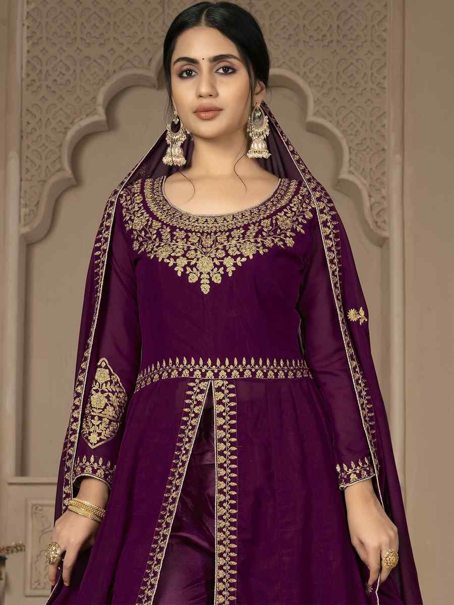 Purple Faux Georgette Embroidered Festival Wedding Lawn Salwar Kameez