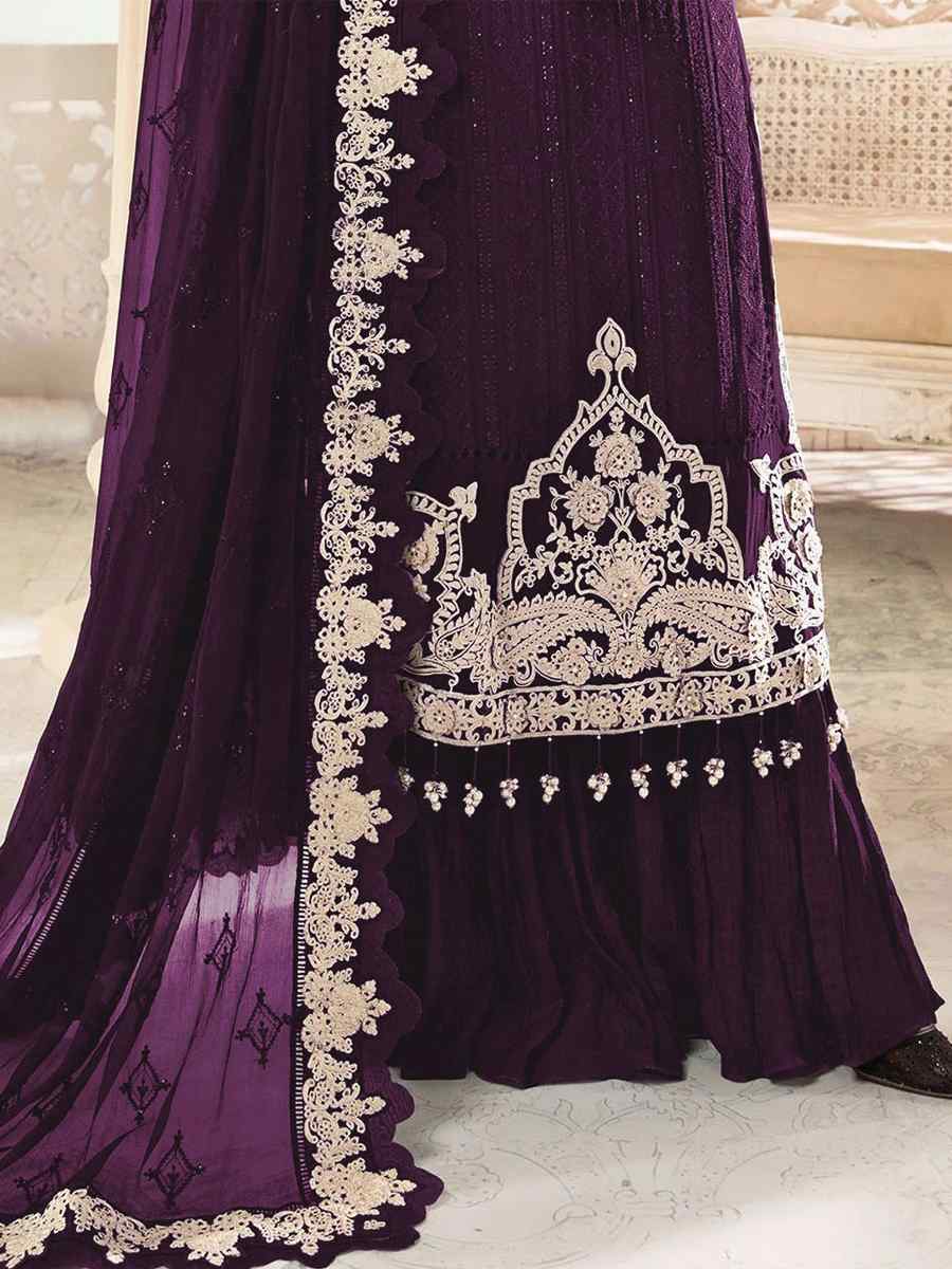 Purple Faux Georgette Embroidered Festival Wedding Palazzo Pant Salwar Kameez