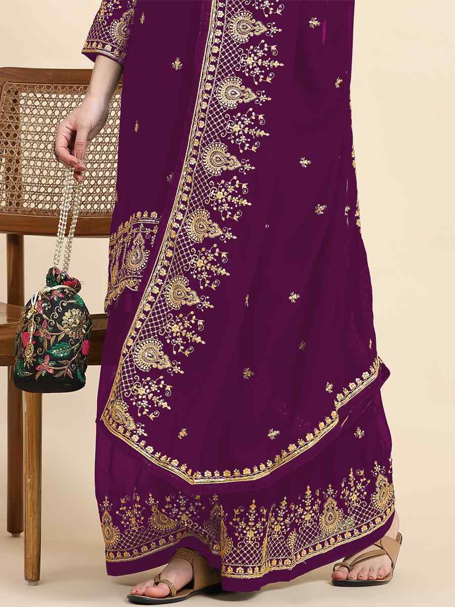 Purple Faux Georgette Embroidered Festival Wedding Palazzo Pant Salwar Kameez