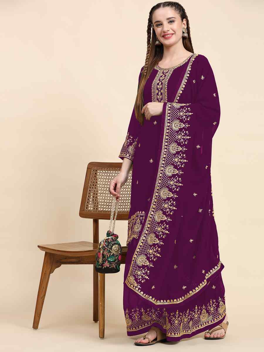 Purple Faux Georgette Embroidered Festival Wedding Palazzo Pant Salwar Kameez