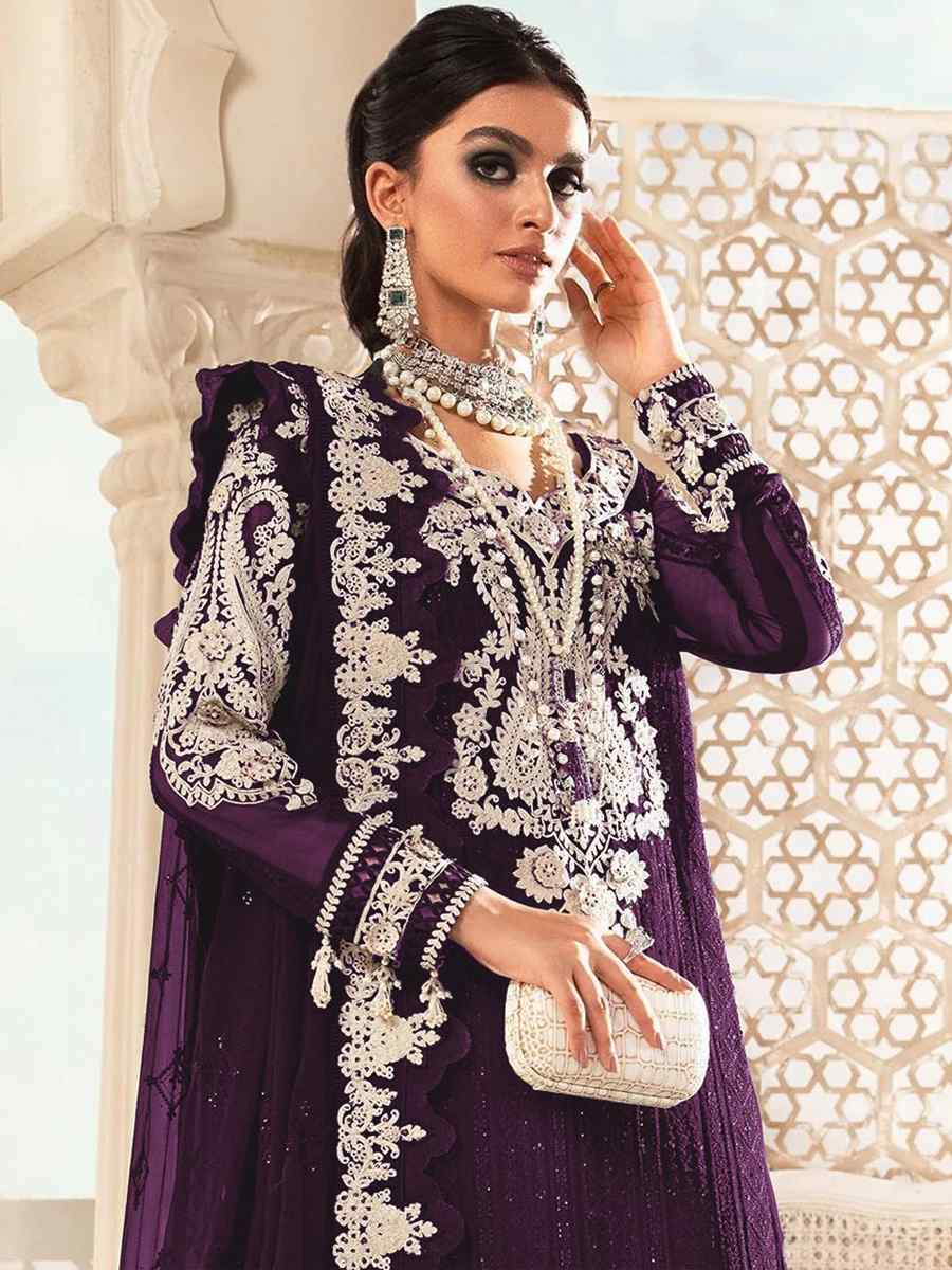 Purple Faux Georgette Embroidered Festival Wedding Palazzo Pant Salwar Kameez