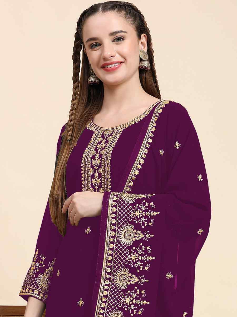 Purple Faux Georgette Embroidered Festival Wedding Palazzo Pant Salwar Kameez