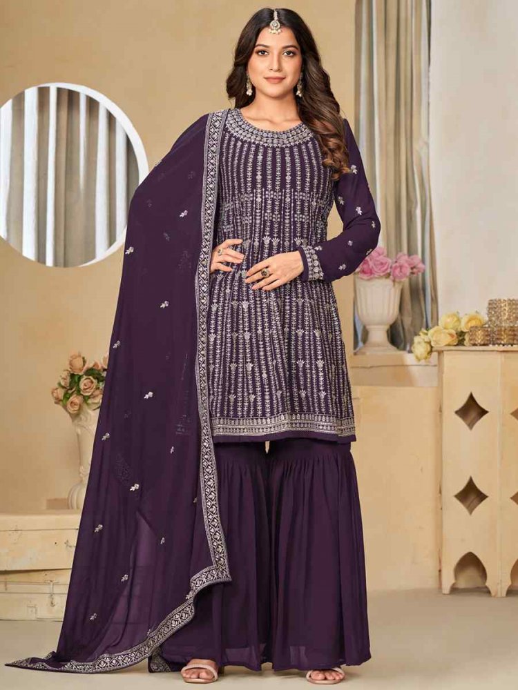 Purple Faux Georgette Embroidered Festival Wedding Palazzo Pant Salwar Kameez