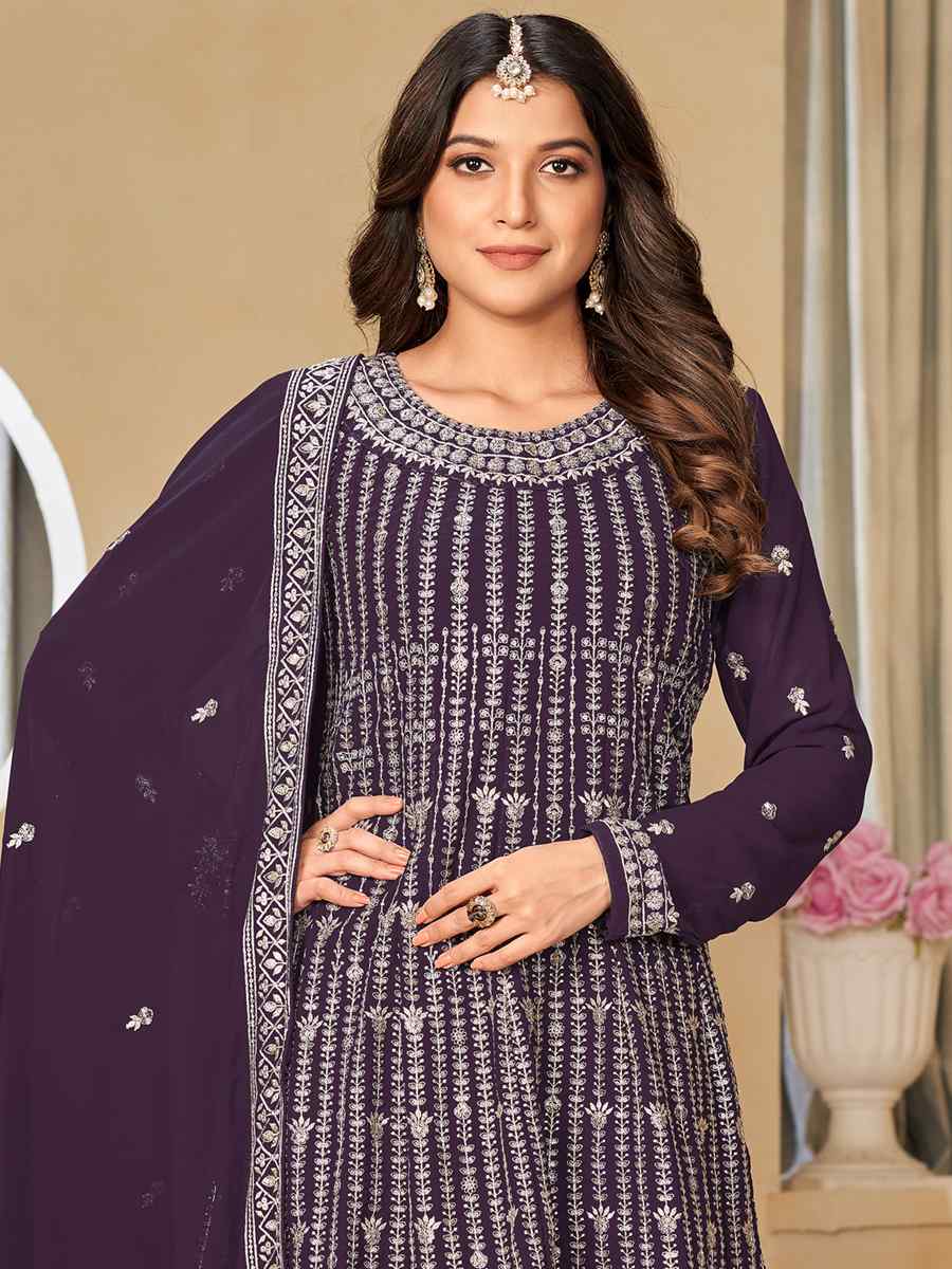 Purple Faux Georgette Embroidered Festival Wedding Palazzo Pant Salwar Kameez