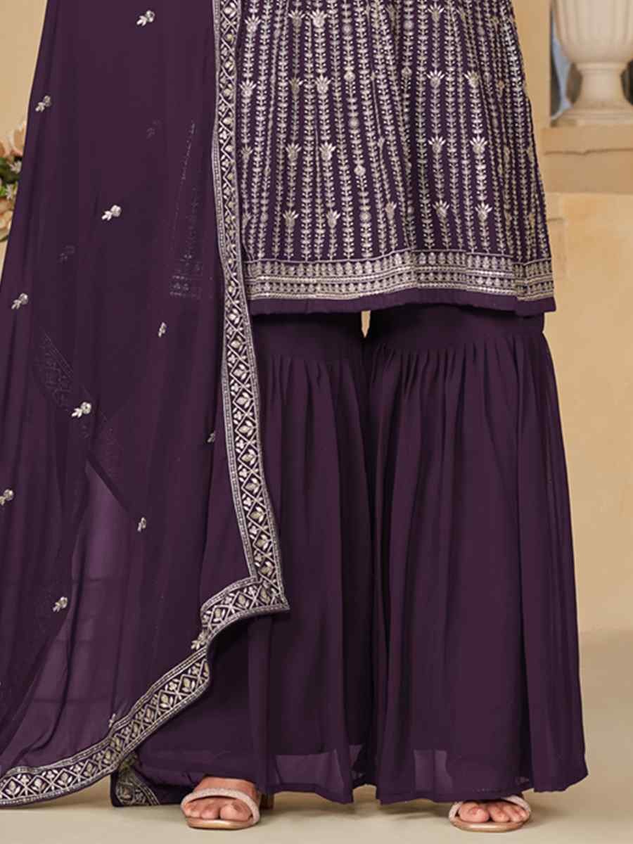 Purple Faux Georgette Embroidered Festival Wedding Palazzo Pant Salwar Kameez