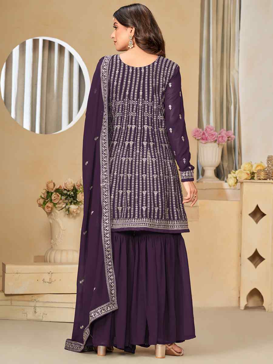 Purple Faux Georgette Embroidered Festival Wedding Palazzo Pant Salwar Kameez