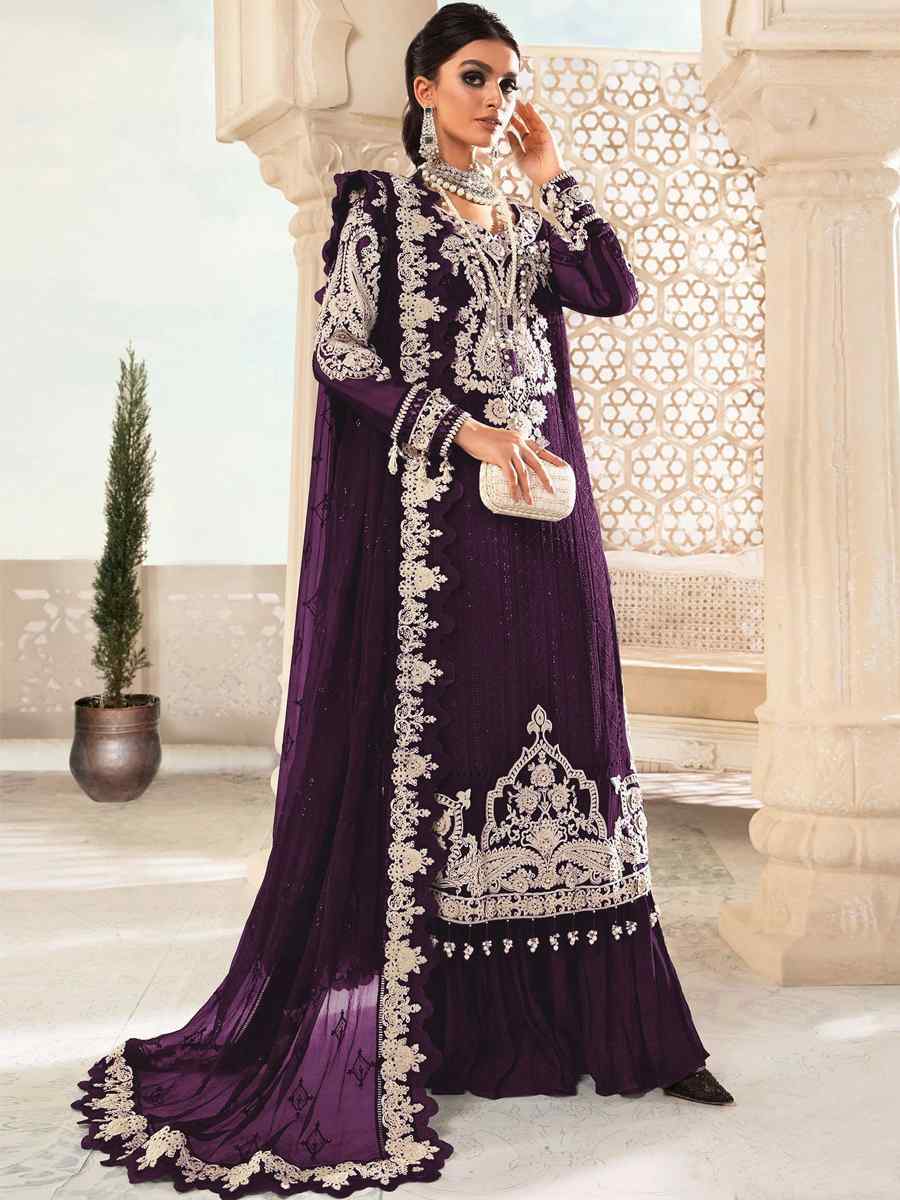 Purple Faux Georgette Embroidered Festival Wedding Palazzo Pant Salwar Kameez